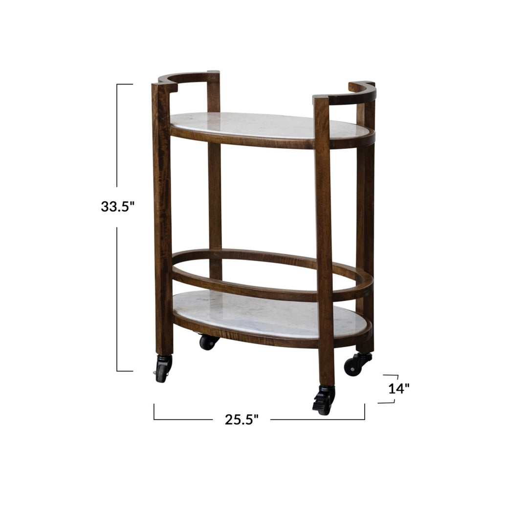 Mango Wood 2-Tier Bar Cart on Casters with Marble Shelves