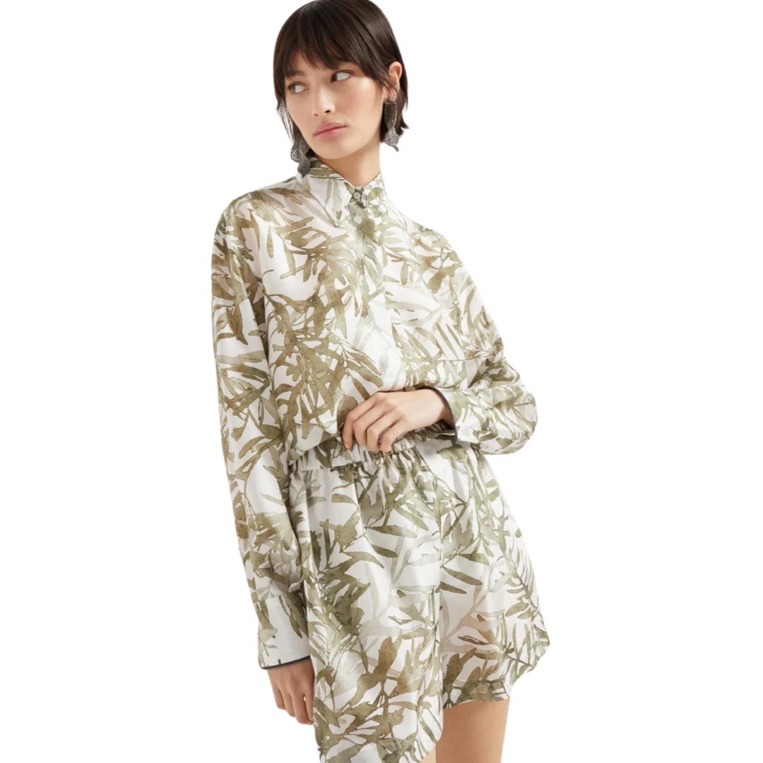 Silk herbarium print pongee shirt with shiny cuffs