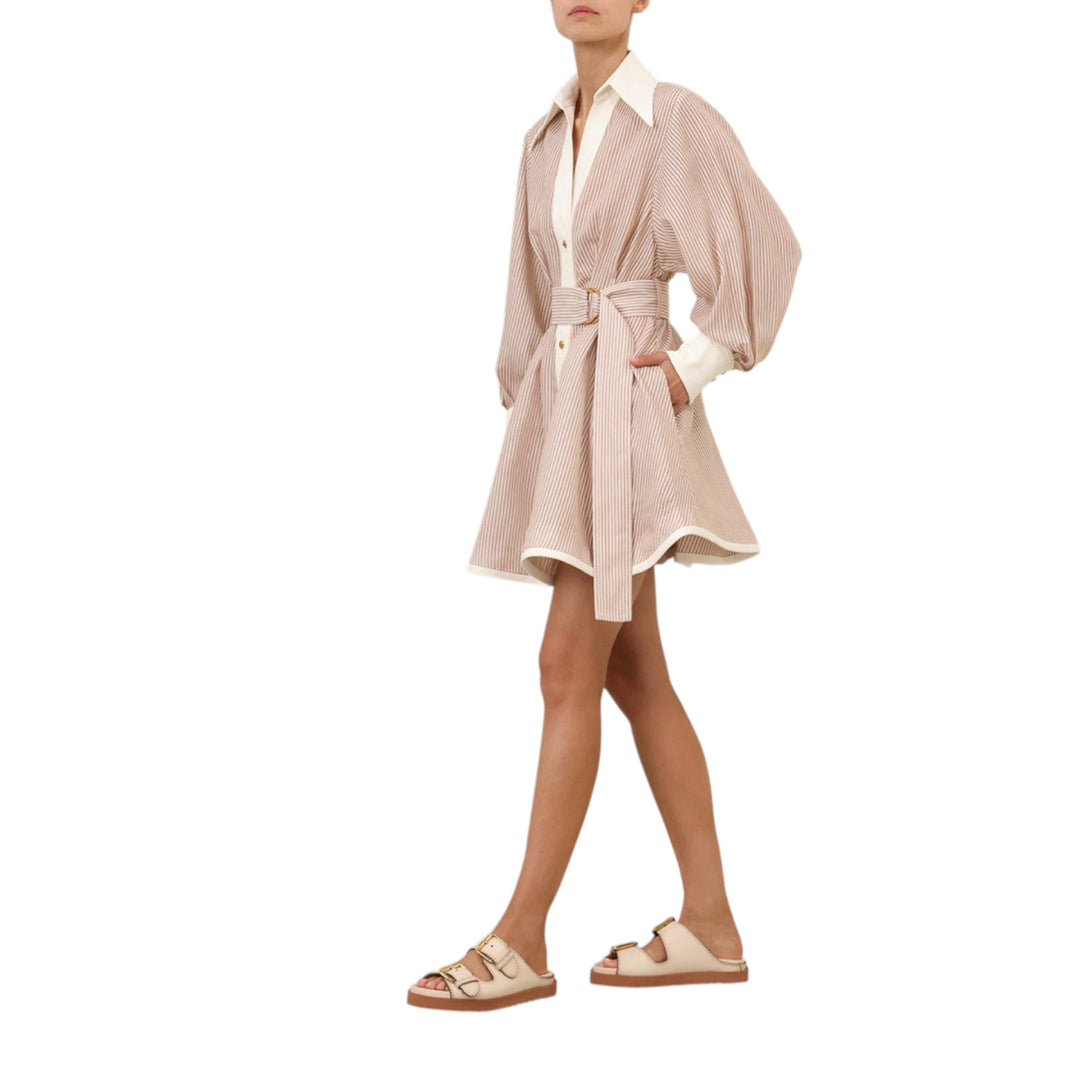 Hypnotic Tuck Mini Dress in Tan Stripe