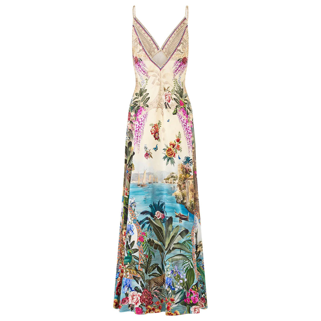 V Neck Full Length Bias Slip Dress in Bodrum Botanicals