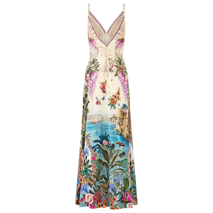 V Neck Full Length Bias Slip Dress in Bodrum Botanicals