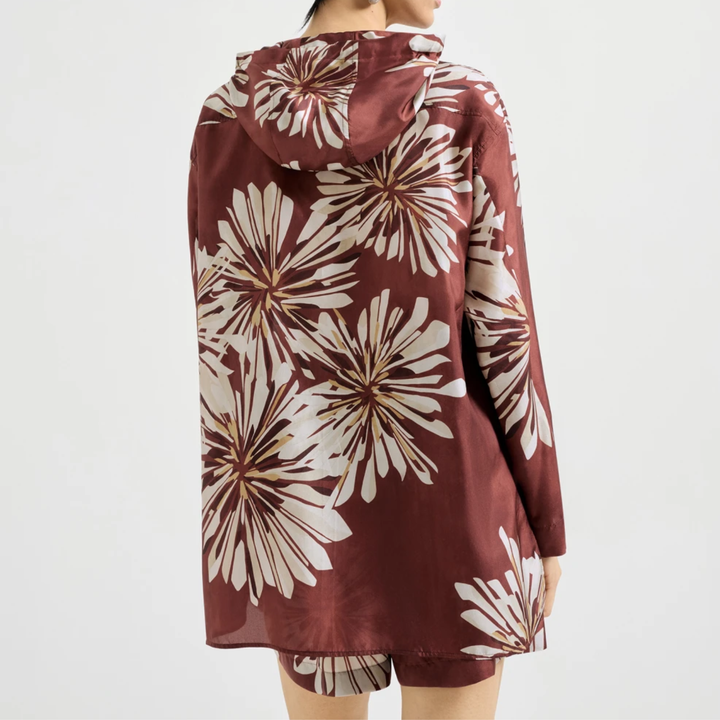 Abstract Dahlias Print Pongee Seaside Hooded Blouse