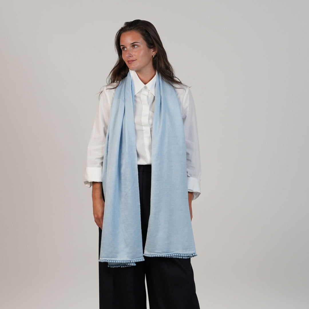 Satin Weave Stole with Satin Ball Fringe in Welkin Blue