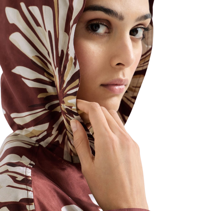 Abstract Dahlias Print Pongee Seaside Hooded Blouse