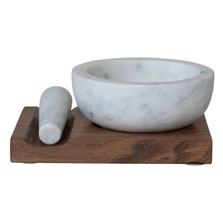 Acacia Wood Base with Inset & Marble Mortar & Pestle - White & Natural - Set of 3
