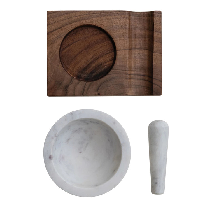 Acacia Wood Base with Inset & Marble Mortar & Pestle - White & Natural - Set of 3