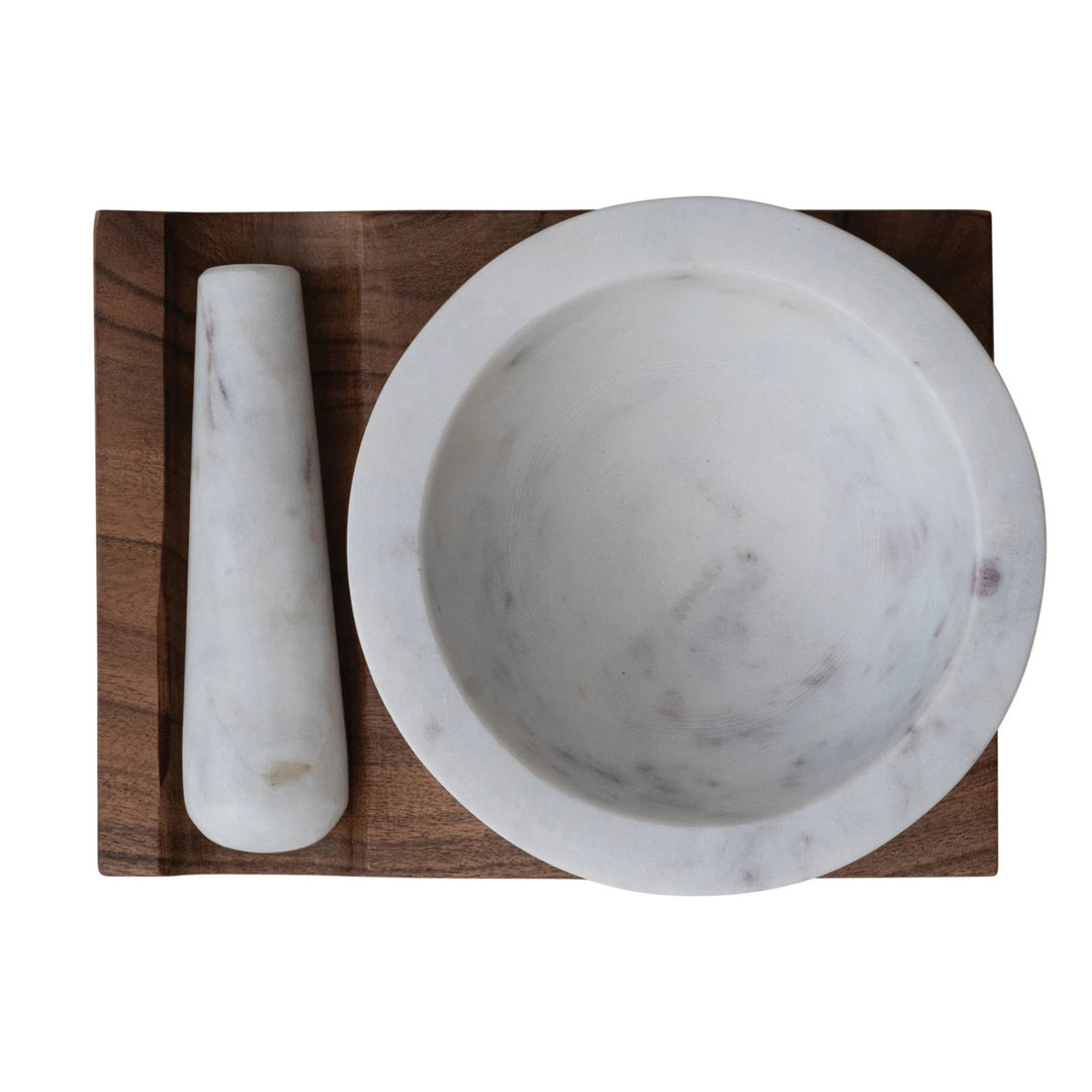 Acacia Wood Base with Inset & Marble Mortar & Pestle - White & Natural - Set of 3
