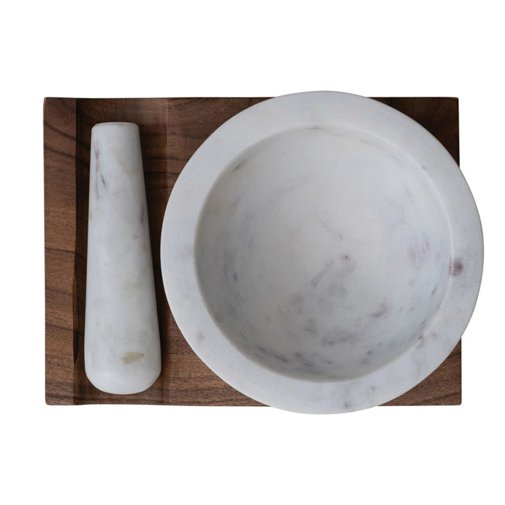 Acacia Wood Base with Inset & Marble Mortar & Pestle - White & Natural - Set of 3