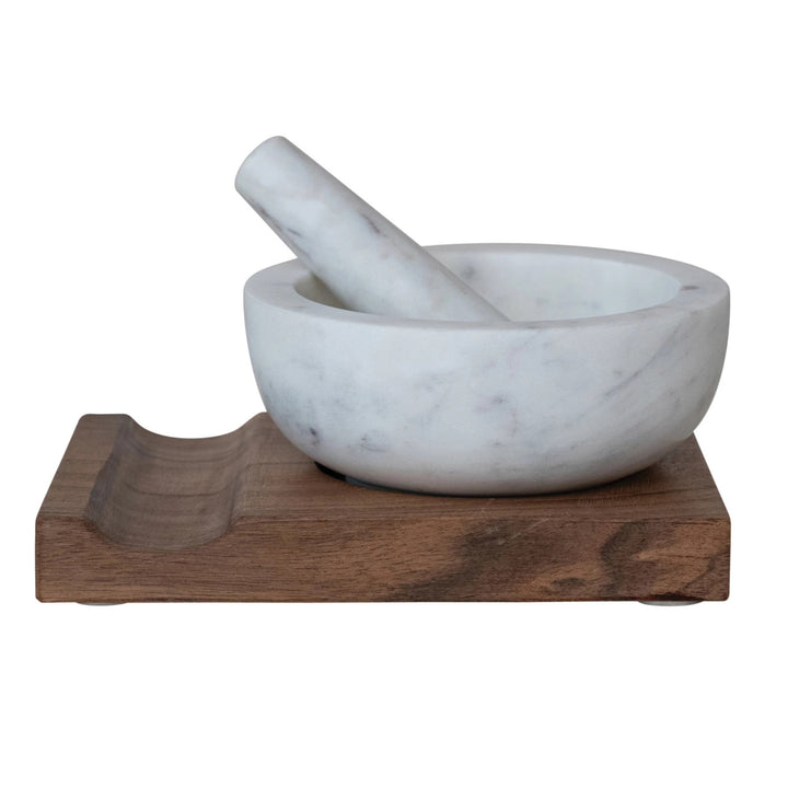 Acacia Wood Base with Inset & Marble Mortar & Pestle - White & Natural - Set of 3