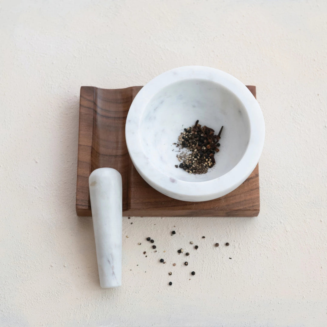 Acacia Wood Base with Inset & Marble Mortar & Pestle - White & Natural - Set of 3