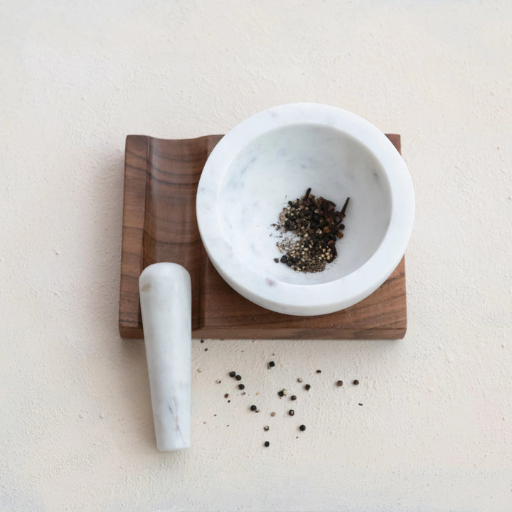 Acacia Wood Base with Inset & Marble Mortar & Pestle - White & Natural - Set of 3