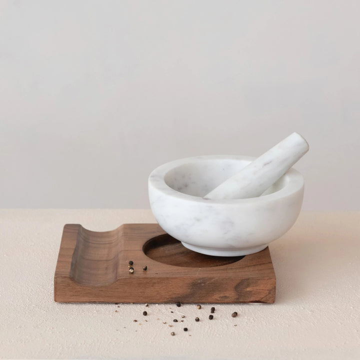 Acacia Wood Base with Inset & Marble Mortar & Pestle - White & Natural - Set of 3