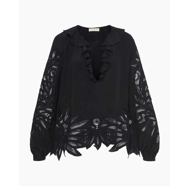 Adonis Long Sleeves Silk Applique Blouse in Noir