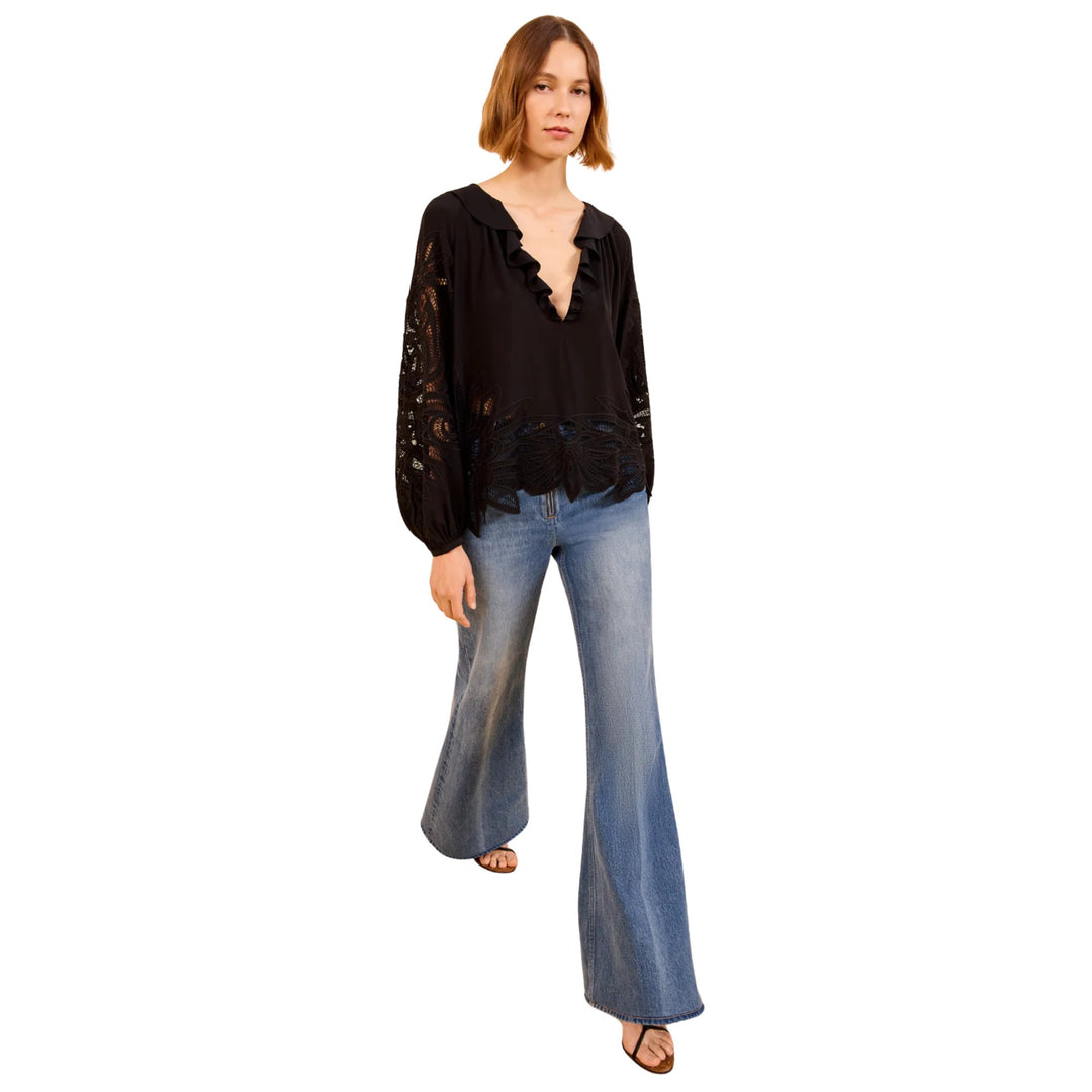 Adonis Long Sleeves Silk Applique Blouse in Noir