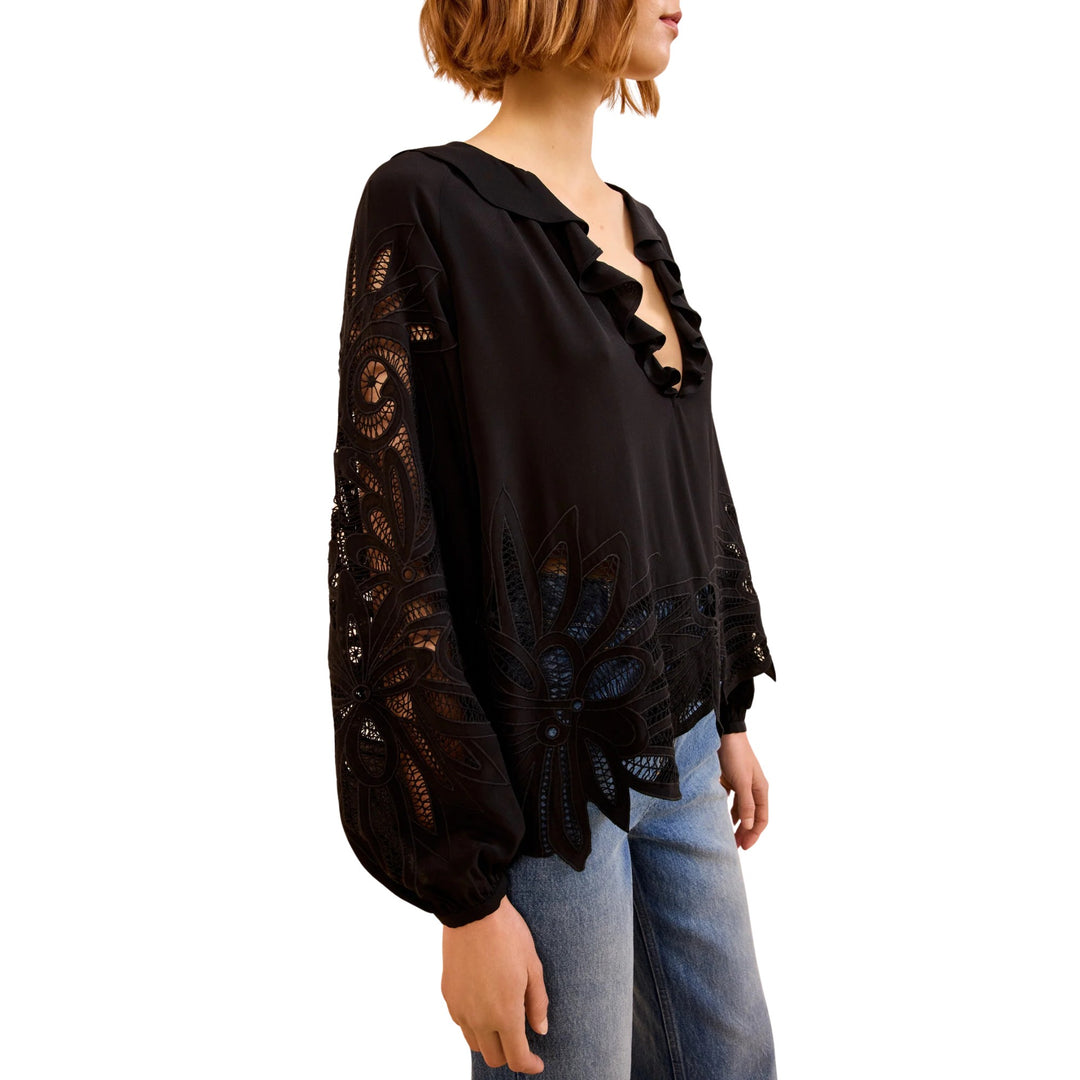 Adonis Long Sleeves Silk Applique Blouse in Noir