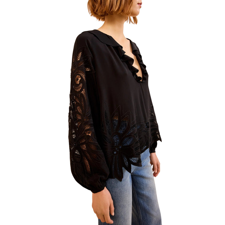 Adonis Long Sleeves Silk Applique Blouse in Noir