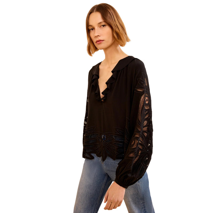 Adonis Long Sleeves Silk Applique Blouse in Noir