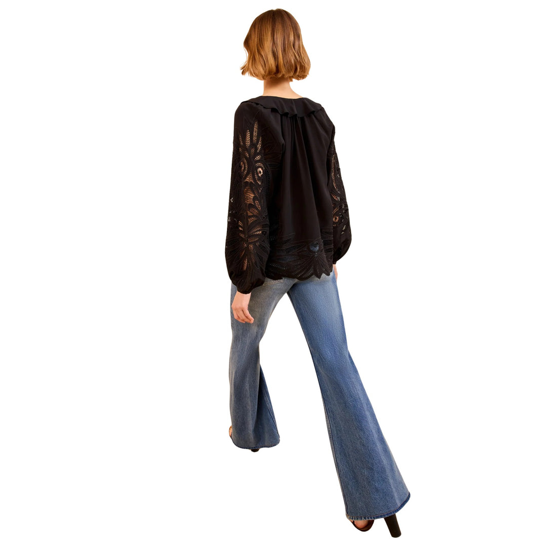 Adonis Long Sleeves Silk Applique Blouse in Noir