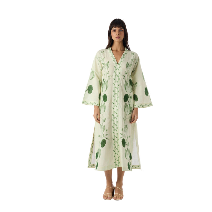 Ammama Lotus Midi Dress in Ivory/Emerald Lotus