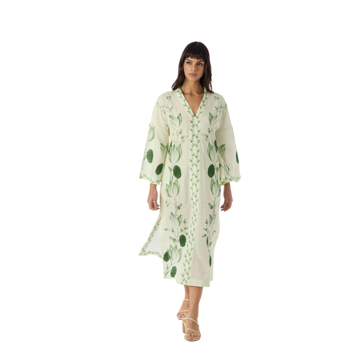 Ammama Lotus Midi Dress in Ivory/Emerald Lotus