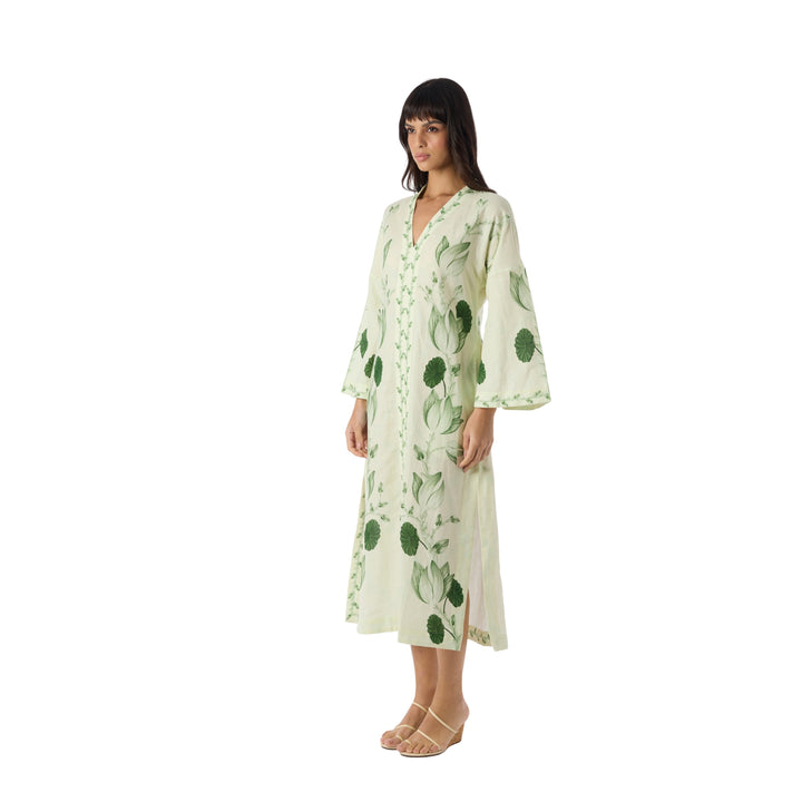 Ammama Lotus Midi Dress in Ivory/Emerald Lotus