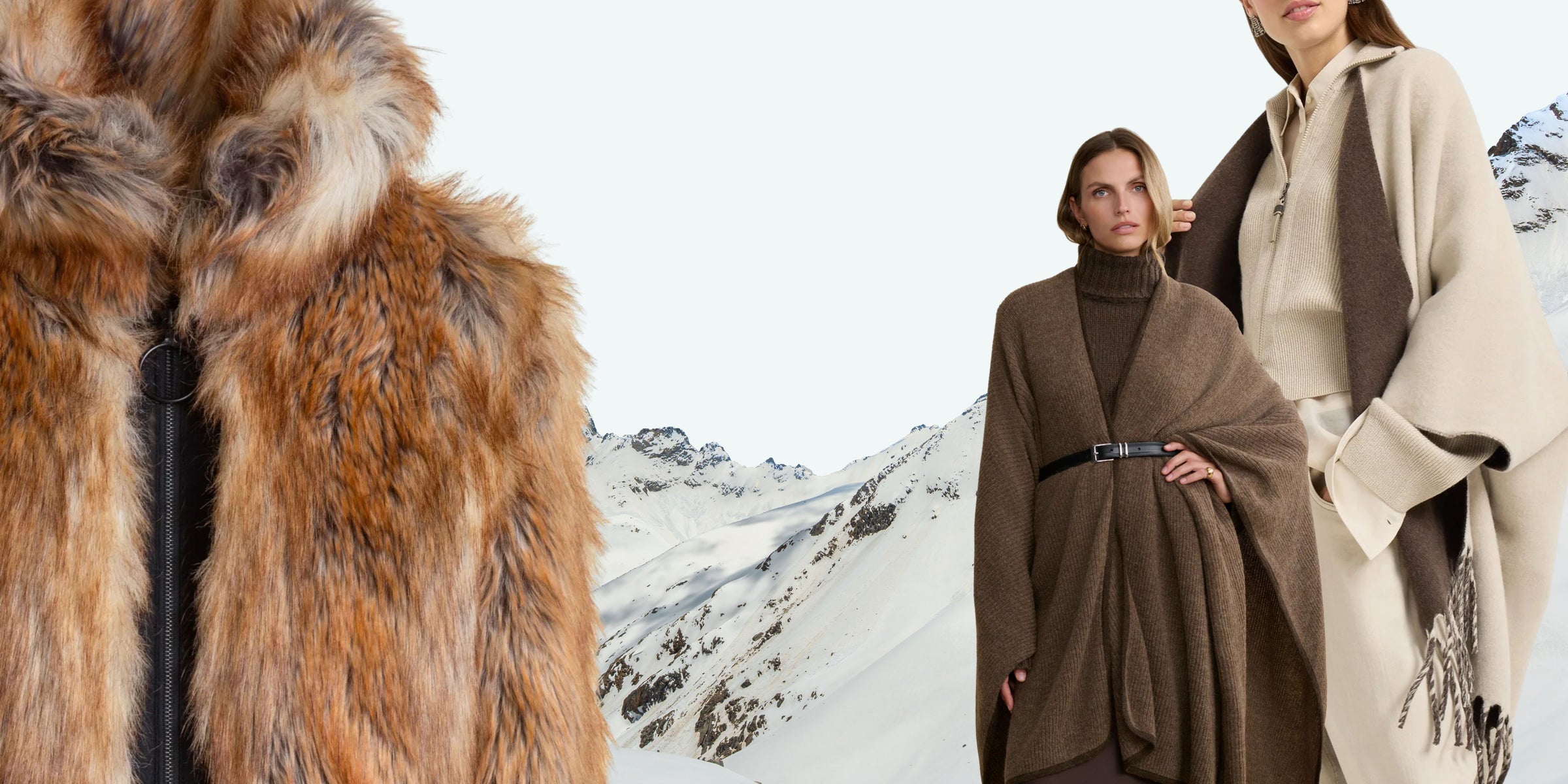 Two people in brown and beige clothing standing in a snowy landscape with a close-up of fur.