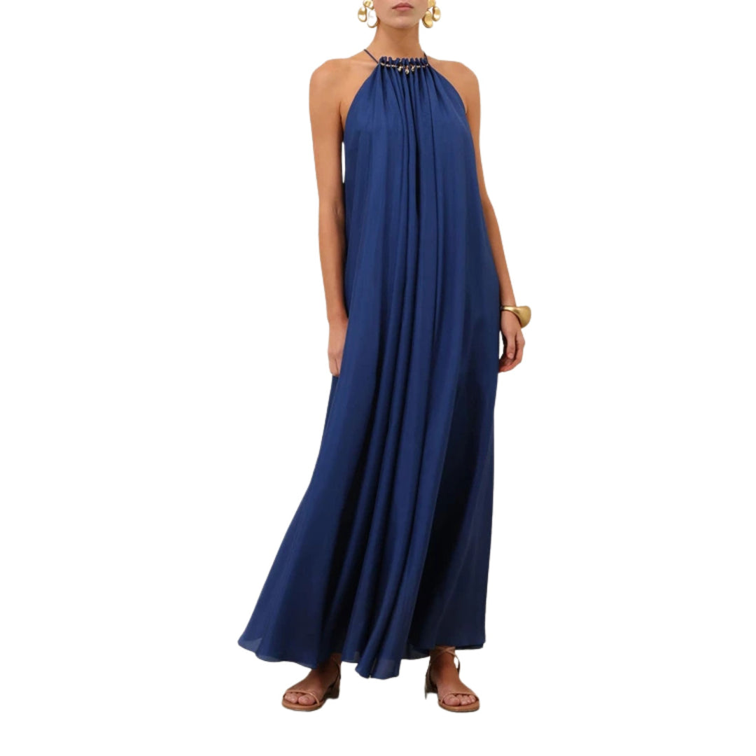 Aster Gathered Bead Maxi Dress in Dark Cobalt