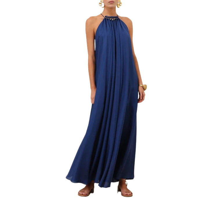 Aster Gathered Bead Maxi Dress in Dark Cobalt
