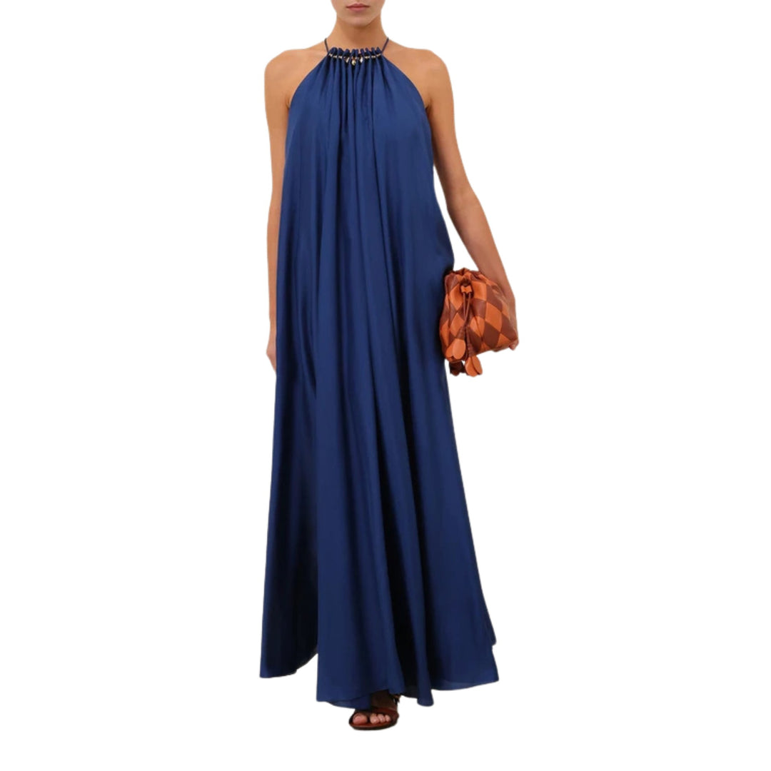 Aster Gathered Bead Maxi Dress in Dark Cobalt