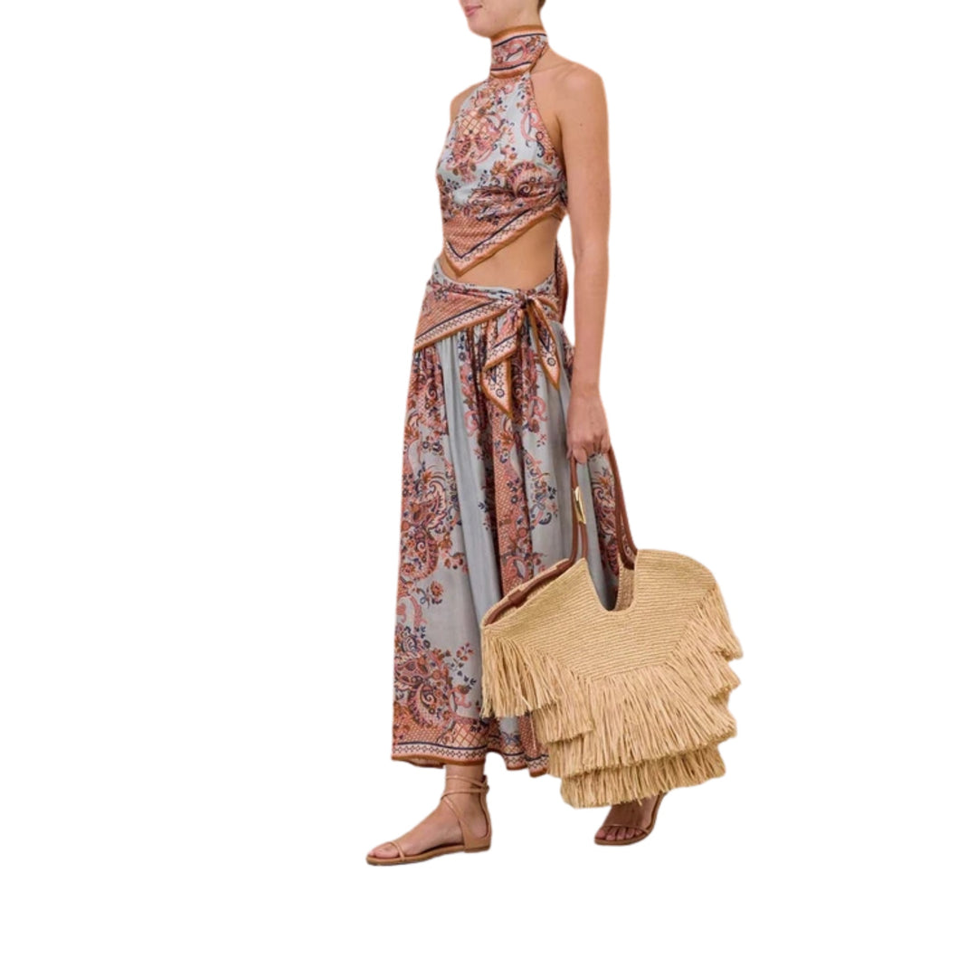 Aster Scarf Midi Skirt in Blue Paisley Floral