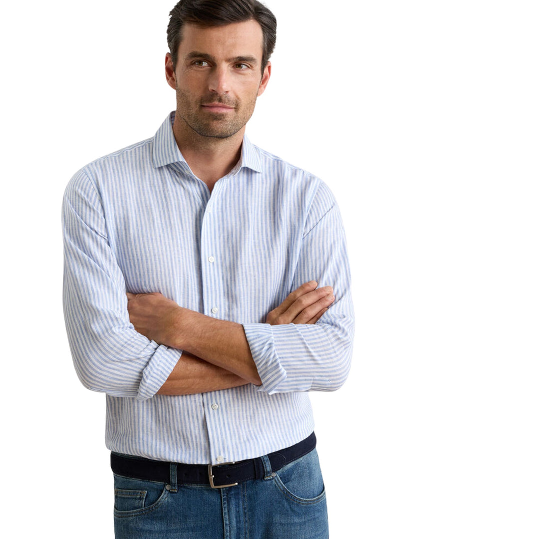 Astino Lino Striped Sport Shirt in Blue Frost