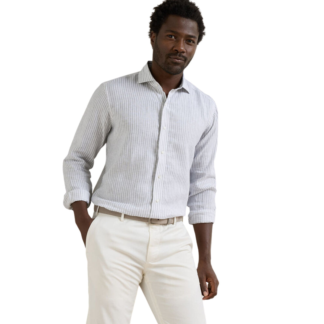 Astino Lino Striped Sport Shirt in British Grey