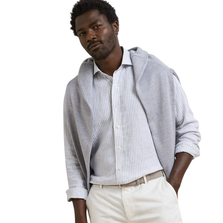Astino Lino Striped Sport Shirt in British Grey