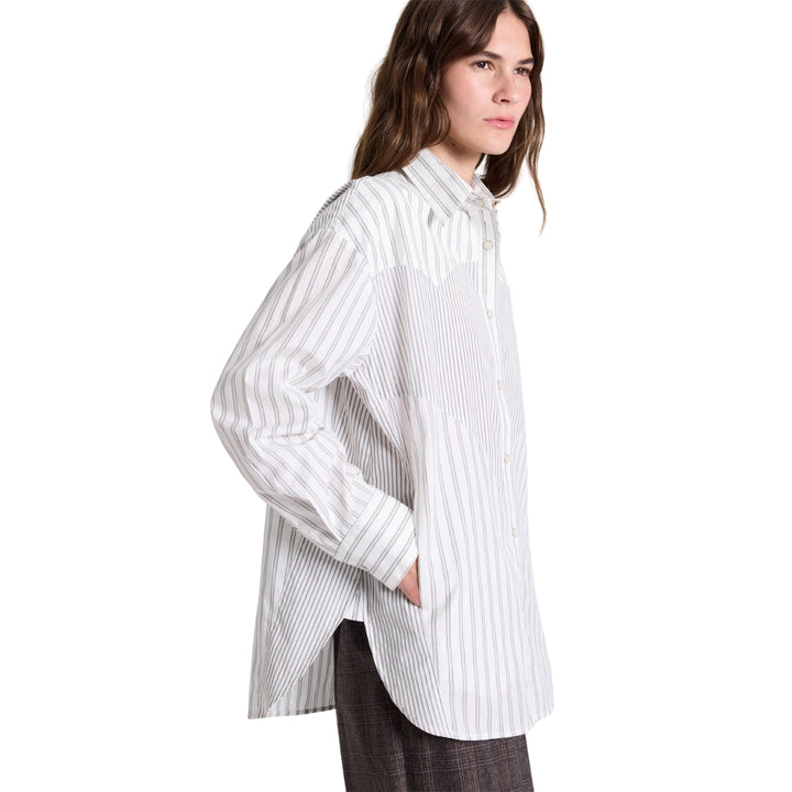 Austin Cotton Stripe Shirt in White and Turkish Coffee