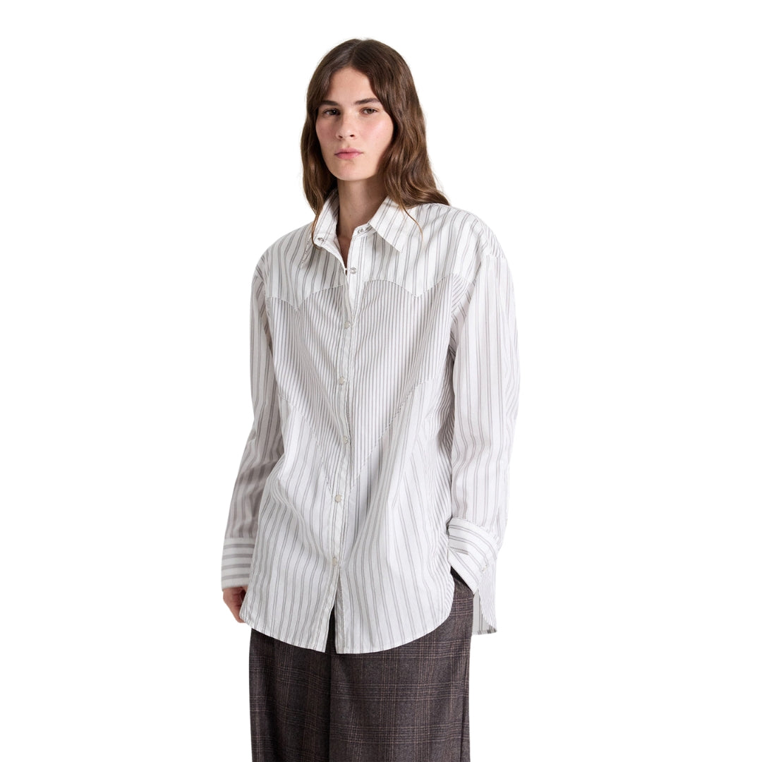 Austin Cotton Stripe Shirt in White and Turkish Coffee