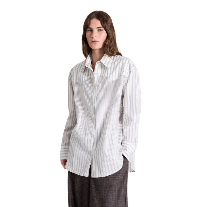 Austin Cotton Stripe Shirt in White and Turkish Coffee