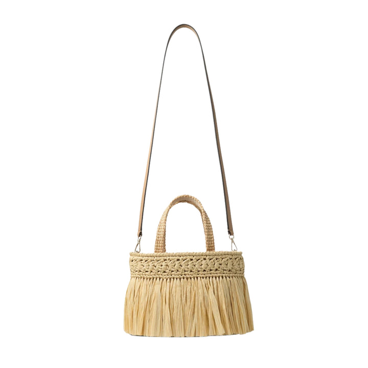 Mini Beach Tote in Woven Raffia with Fringe
