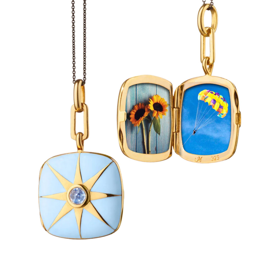 Blue Enamel Blue Sapphire Star Silver & Gold Locket on 17" Chain