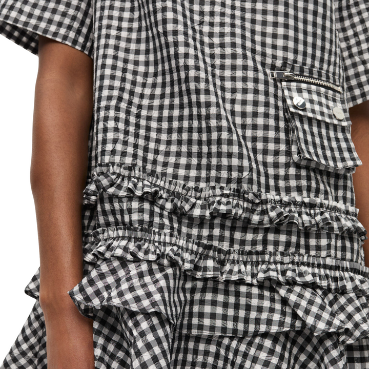 Crinkled Taffeta Check Open Back Mini Dress