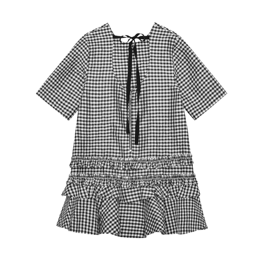 Crinkled Taffeta Check Open Back Mini Dress