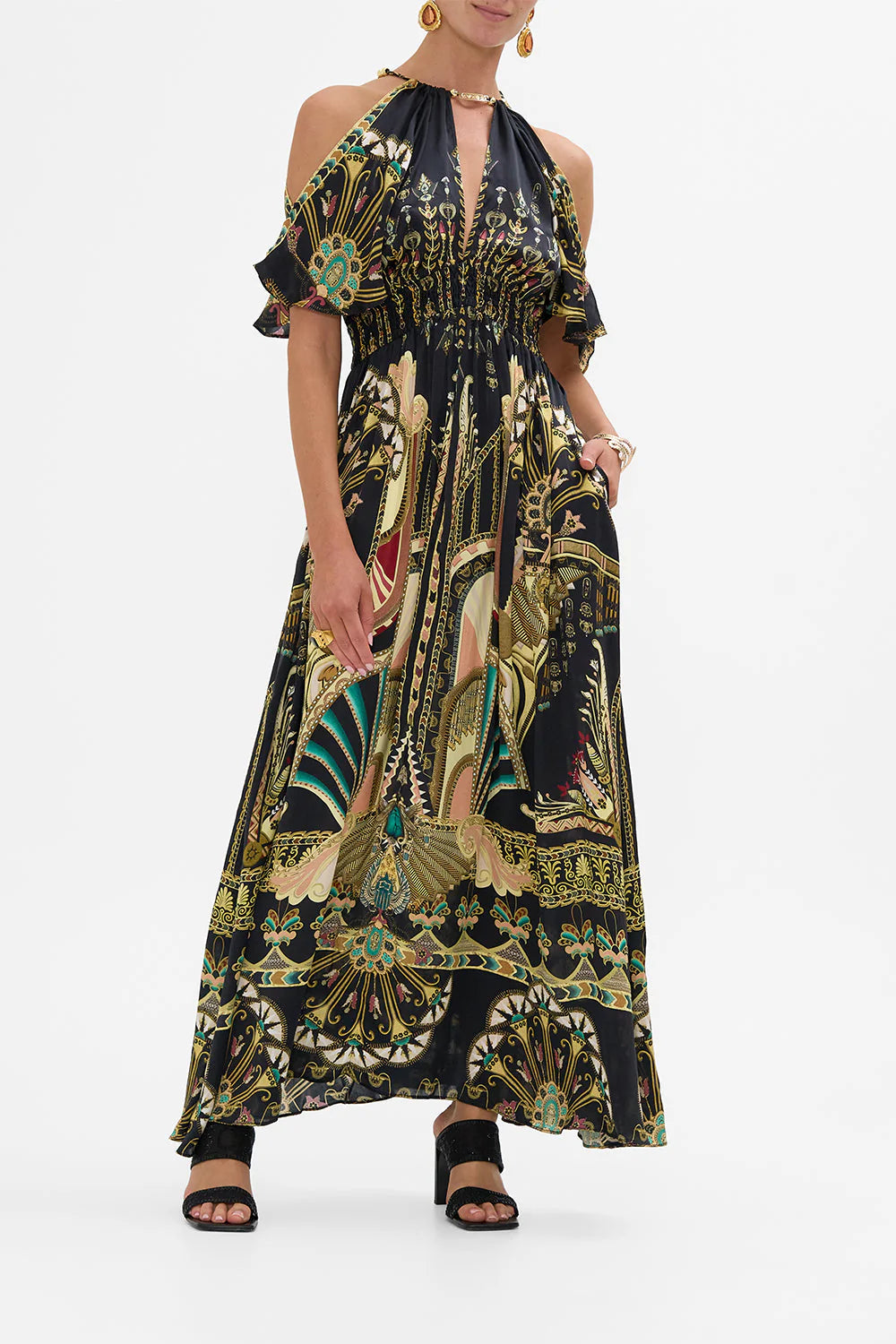 Neck Piece Shirred Waist Dress