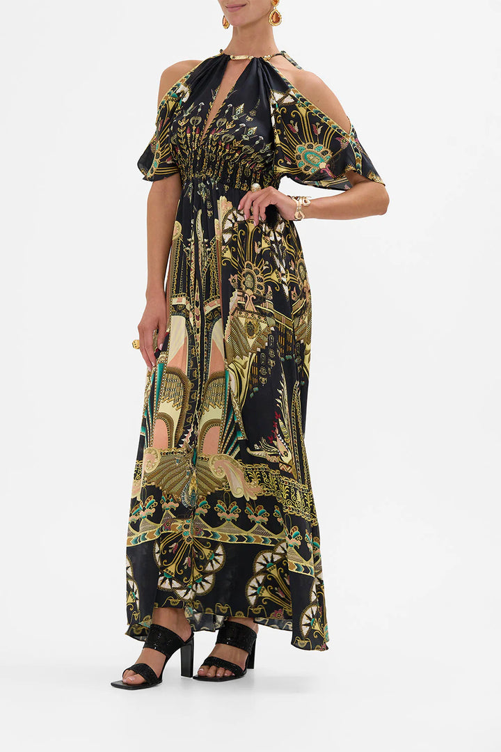 Neck Piece Shirred Waist Dress