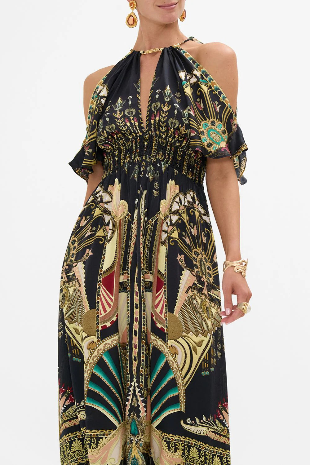 Neck Piece Shirred Waist Dress