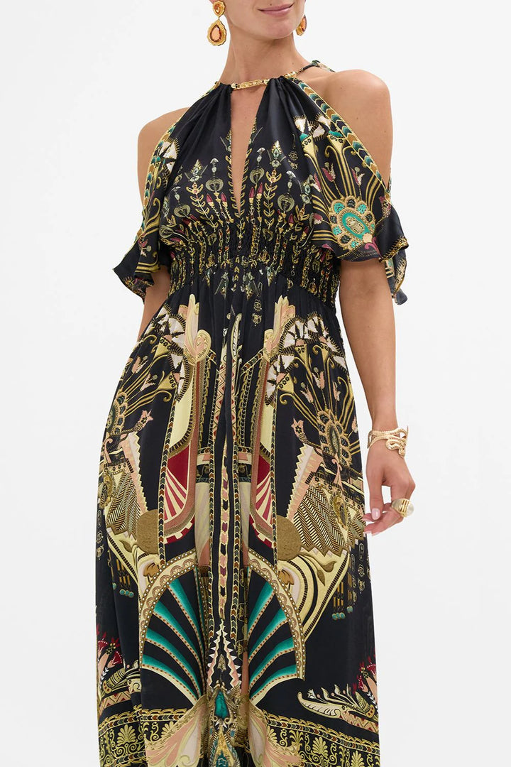 Neck Piece Shirred Waist Dress