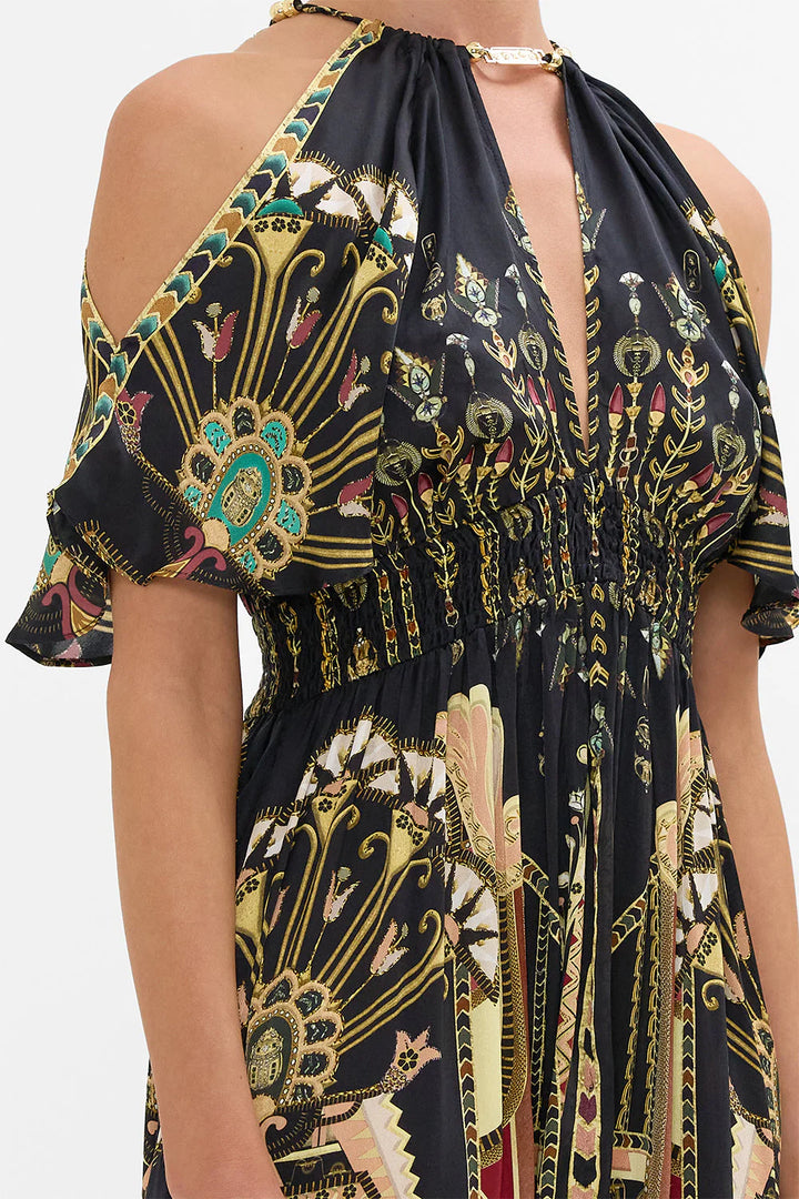 Neck Piece Shirred Waist Dress