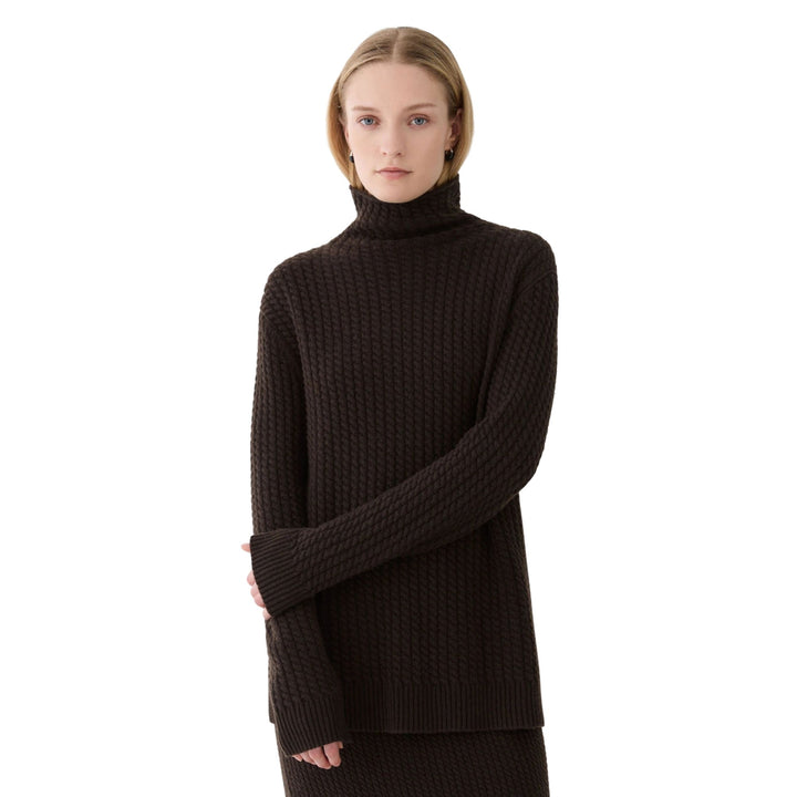 Cabled Stand Collar Sweater in Truffle