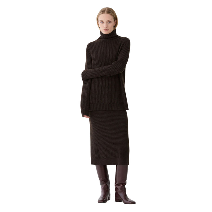 Cabled Stand Collar Sweater in Truffle