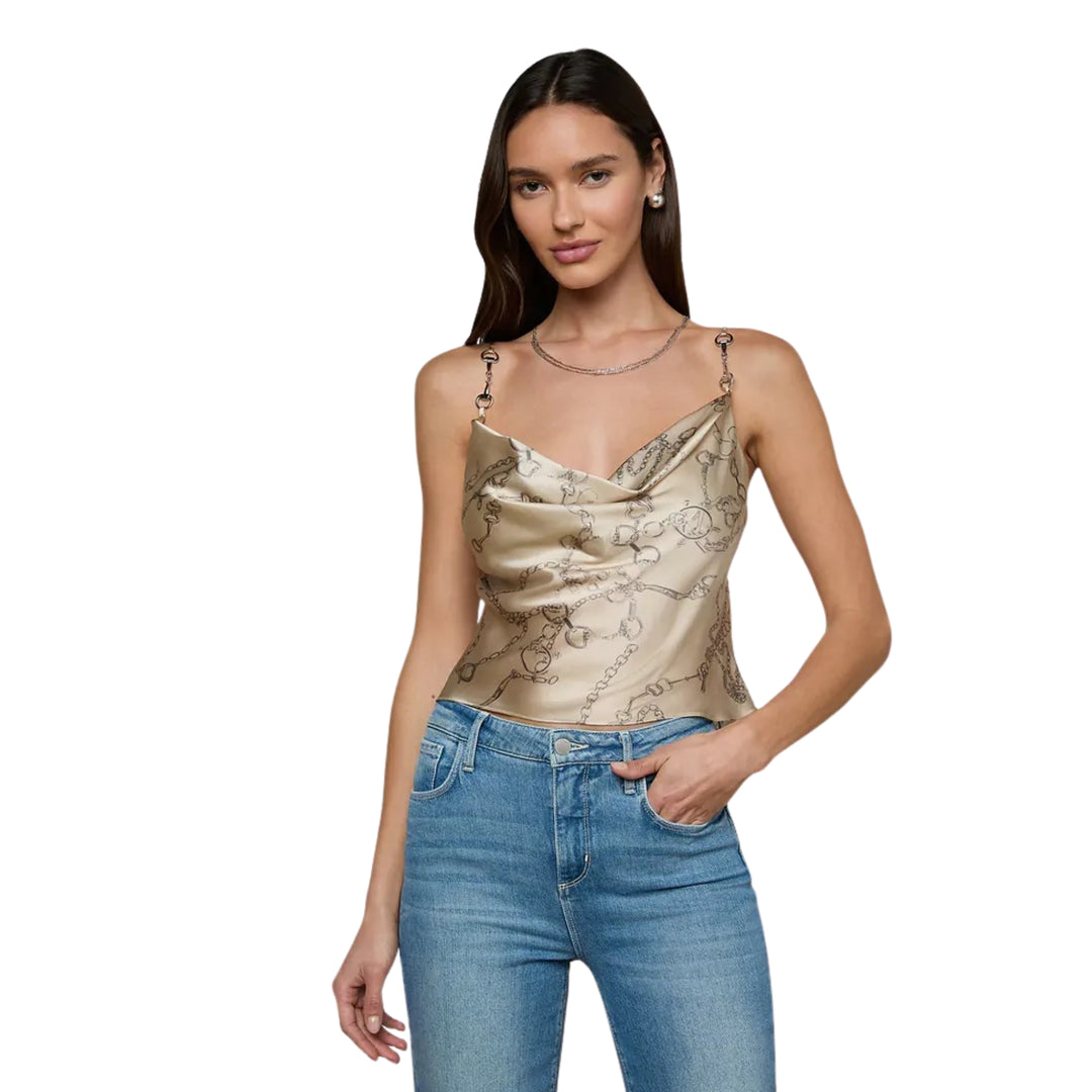 Calista Horsebit Trim Cowl Cami in Soft Macadamia Multi Small Hrt Chain