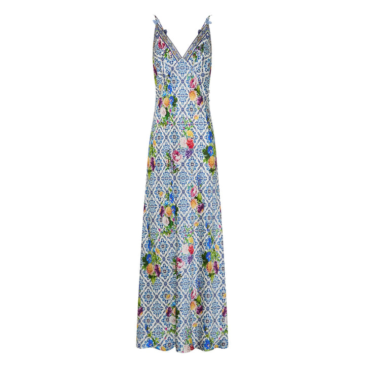 V Neck Full Length Bias Slip Dress