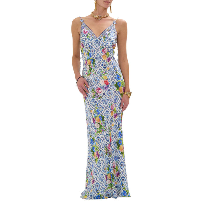 V Neck Full Length Bias Slip Dress